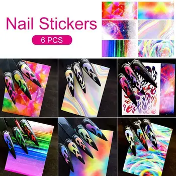 

6 Colors/ Set 3D Holographic Fire Nail Stickers Nail Strip DIY Foil Decal Sticker Colorful Decoration Nail Art Design