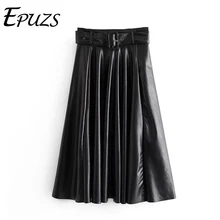 Винтаж с пояс из искусственной кожи юбка сезон длинная юбка в уличном стиле для офиса с высокой талией юбки в складку зимние дамские полусапоги черного цвета юбка faldas