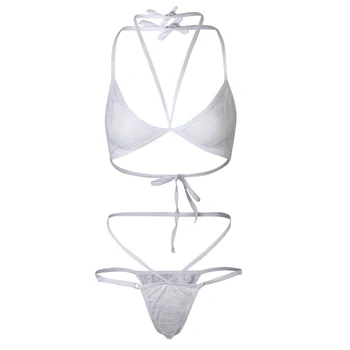 

Womens Floral Lace Sexy Lingerie Set Halter Bikini+Thong Nightwear Sleepwear