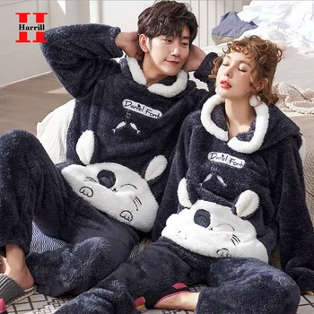 

Harrill Couple Pajamas Set Women Sleepwear Men Pajamas Suit Cartoon Pattern Hooded Pajama Warm Winter flannel Homewear
