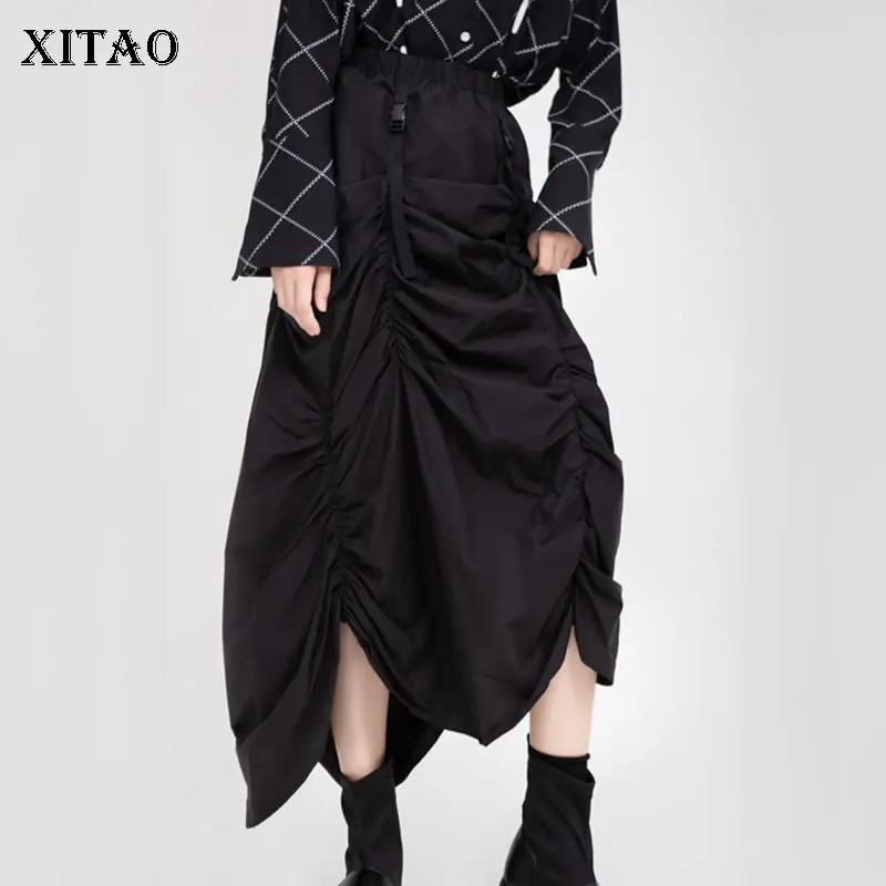 XITAO черная плиссированная стандартная юбка женская модная новая Длинная Элегантная Осенняя Повседневная Свободная юбка с завязками GCC2444