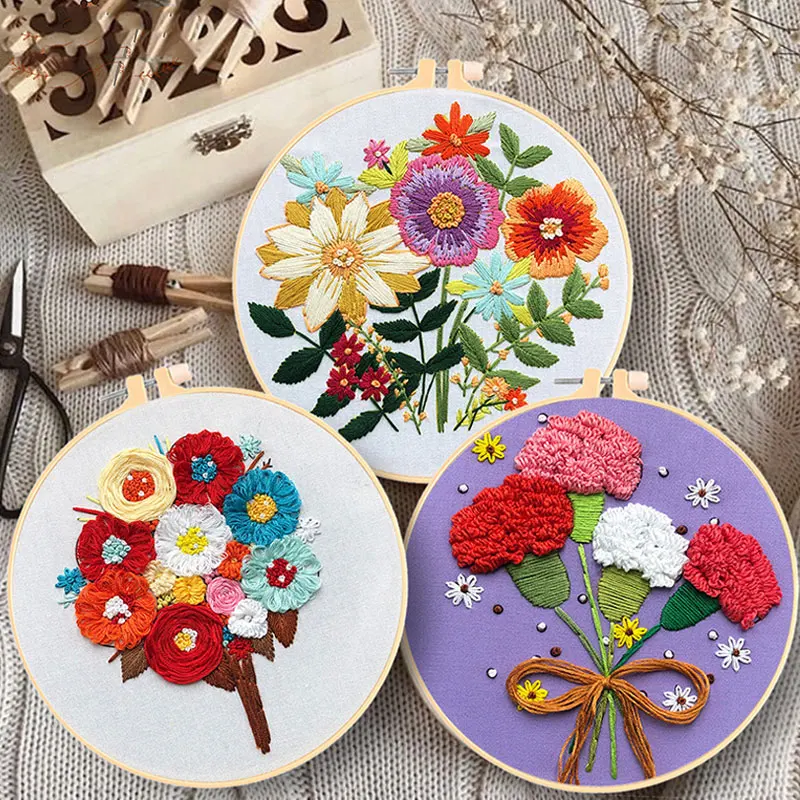 20cm European-style Flowers DIY Embroidery Set Beginners  Sewing Kit Cross-stitch Crafts Hand-stitched Decoration