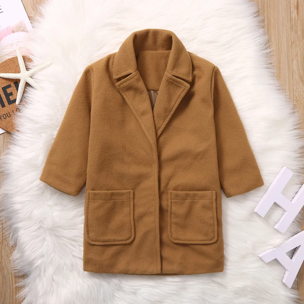 Шерстяное пальто с длинными рукавами для маленьких девочек осенне-зимняя теплая куртка с карманами Повседневная Верхняя одежда с отложным воротником - Цвет: Brown