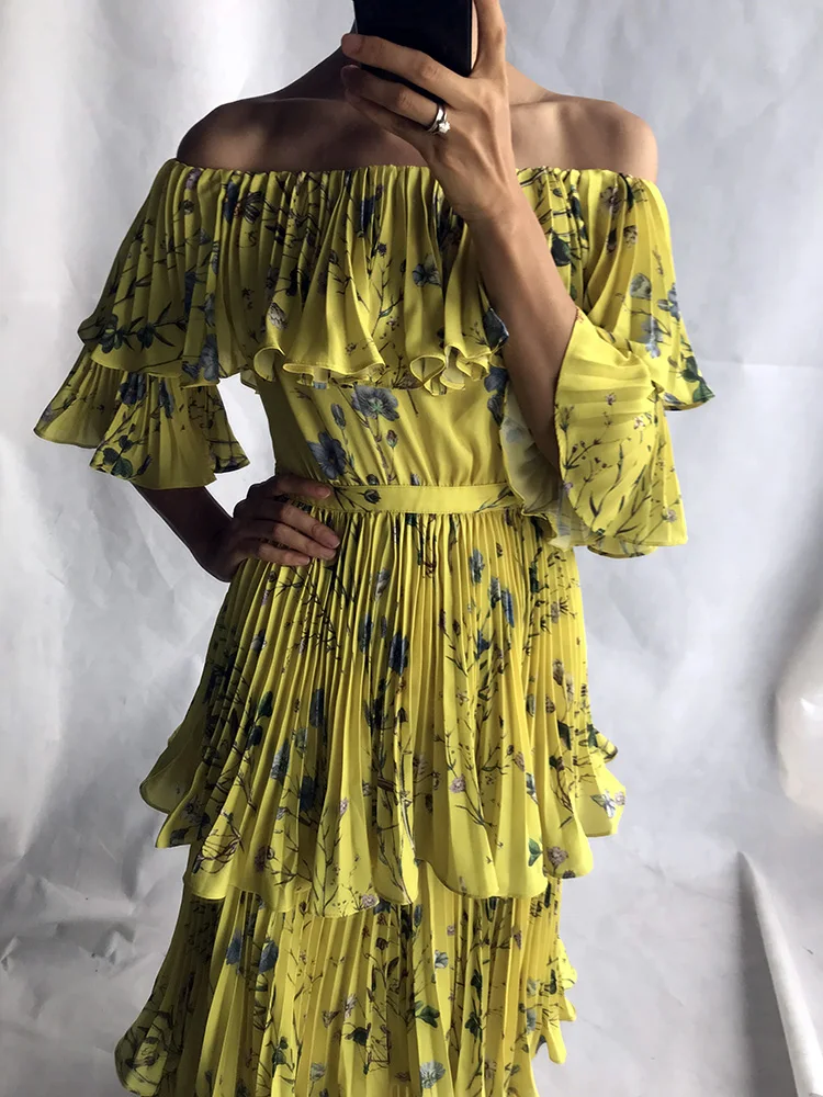 midi dress Желтое Многоуровневое плиссированное платье миди с принтом, разноцветное плиссированное платье с открытыми плечами и цветами, богемное Тропическое многослойное платье - Цвет: midi dress