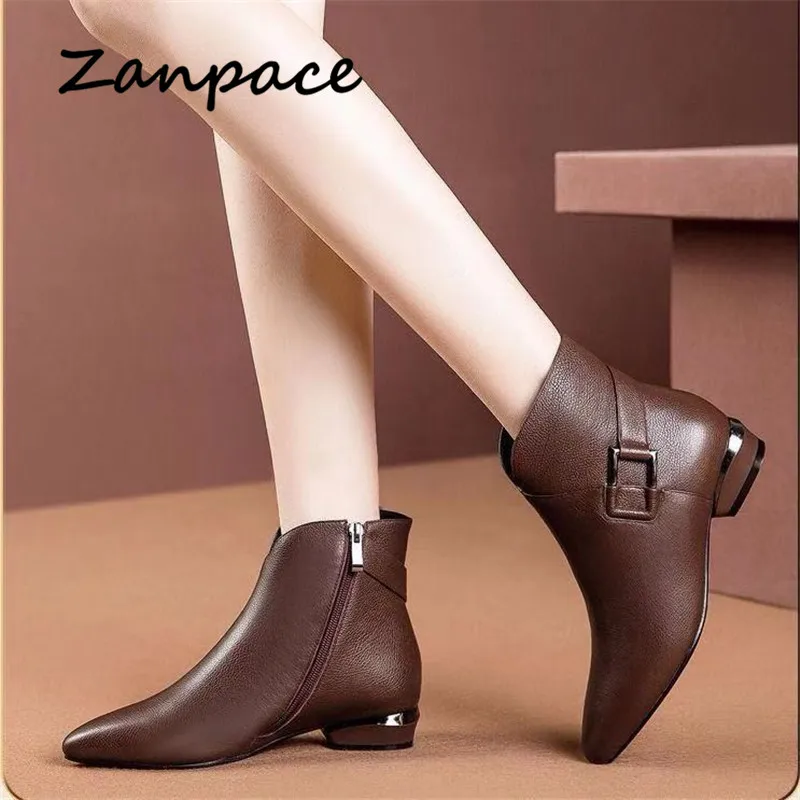 Zanpace fashion women boots winter zipper retro leather shoes pointed toe thick heel ankle boots plus size high heels footwear