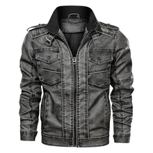 Мужская осенне-зимняя винтажная куртка на молнии с воротником-стойкой, имитация кожаного пальто, верхняя одежда из искусственной кожи с воротником-стойкой и карманами на молнии