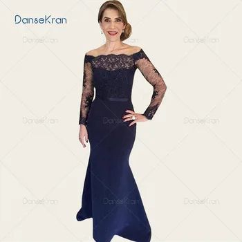 

Off The Shoulder Navy Blue Mother Of The Bride Dresses With Lace Appliques Long Sleeves Satin Mermaid Wedding Evening Dresses