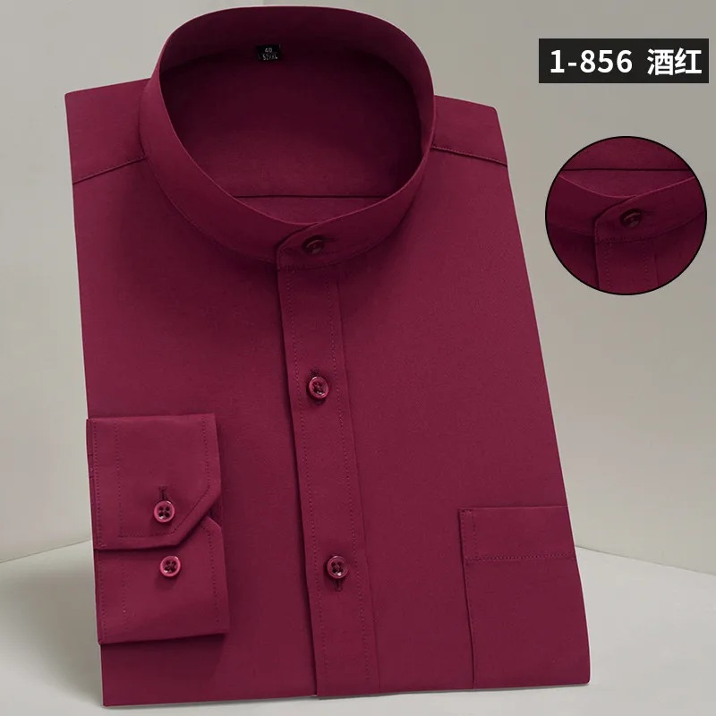 Платье рубашка мужская с длинным рукавом мандарин Collor Твердые Формальные встречи/работа карман Повседневная тонкая посадка китайский стиль мужская одежда на пуговицах - Цвет: Wine red