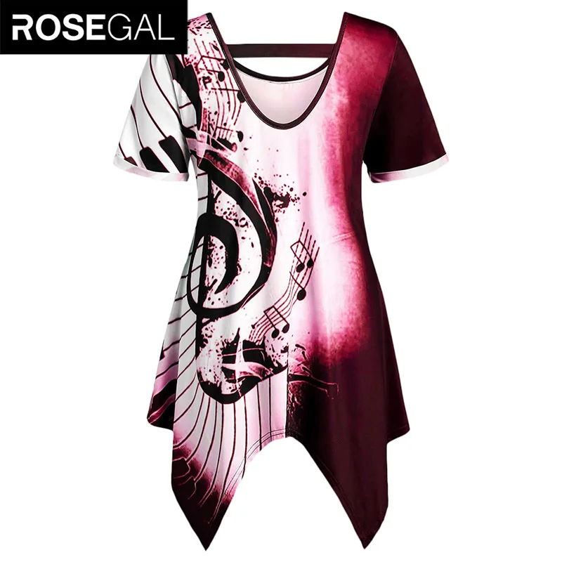  5XL Large Size Asymmetrical T-Shirt Women Musical Notes Print Chains Tshirt Embellished Tees Casual