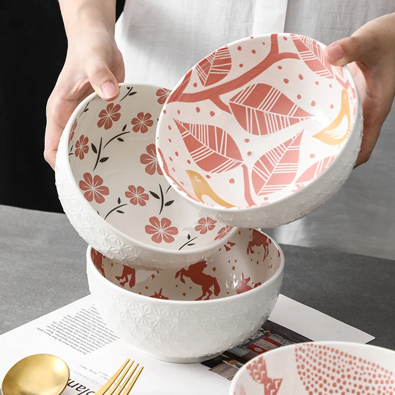 

6 inch bowl Relief manual Color painting Non-slip salad noodles soup rice fruit tableware TCW-SYFD6