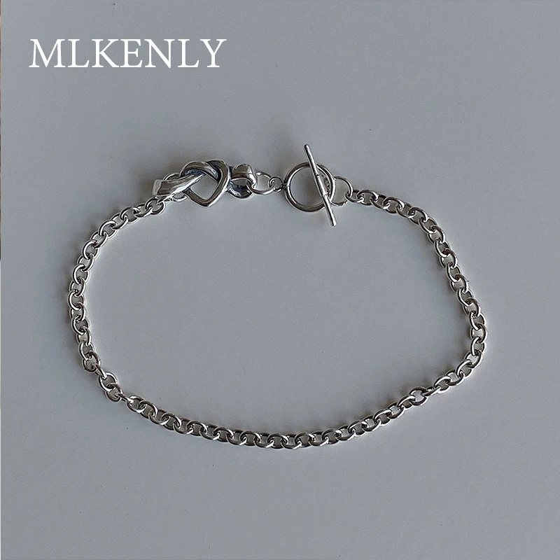 MLKENLY, серебро 925 пробы, ins, Ниша, простая цепочка с узлом в форме сердца, браслет с пряжкой для женщин, ювелирное изделие, подарок