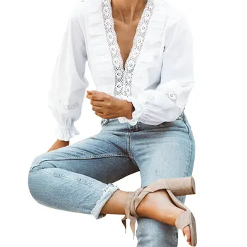 

Autumn Lace Ruffles Patchwork Deep V-Neck Blouses Women Stitching Long Sleeve Solid Color Tops 2019 Fashion Female Shirts Tops