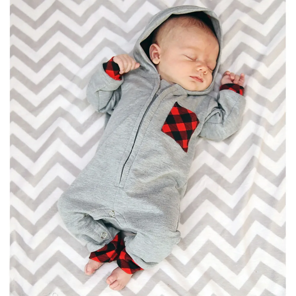 Детский клетчатый комбинезон с капюшоном для новорожденных мальчиков и девочек, комбинезон, одежда для малышей, детская одежда высокого качества, удобный комплект
