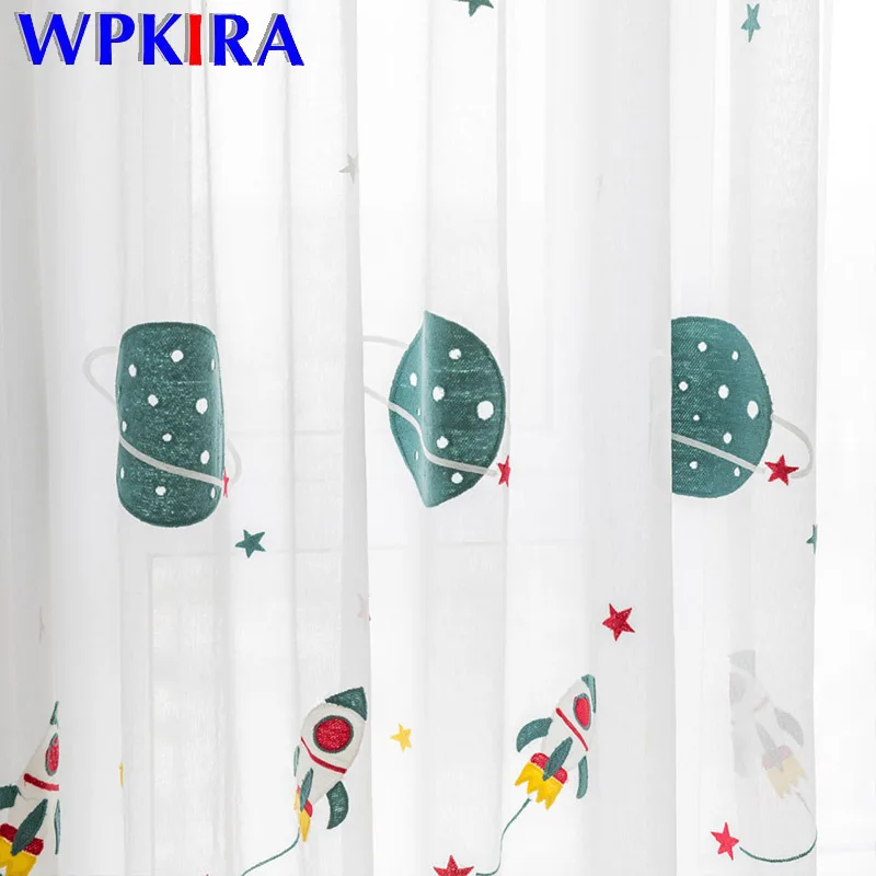 

Cartoon Outer Space Rocket Embroidered Voile Curtain For Kids Bedroom Living Room Sheer Window Drapes Luxury Children Tulle 20D3