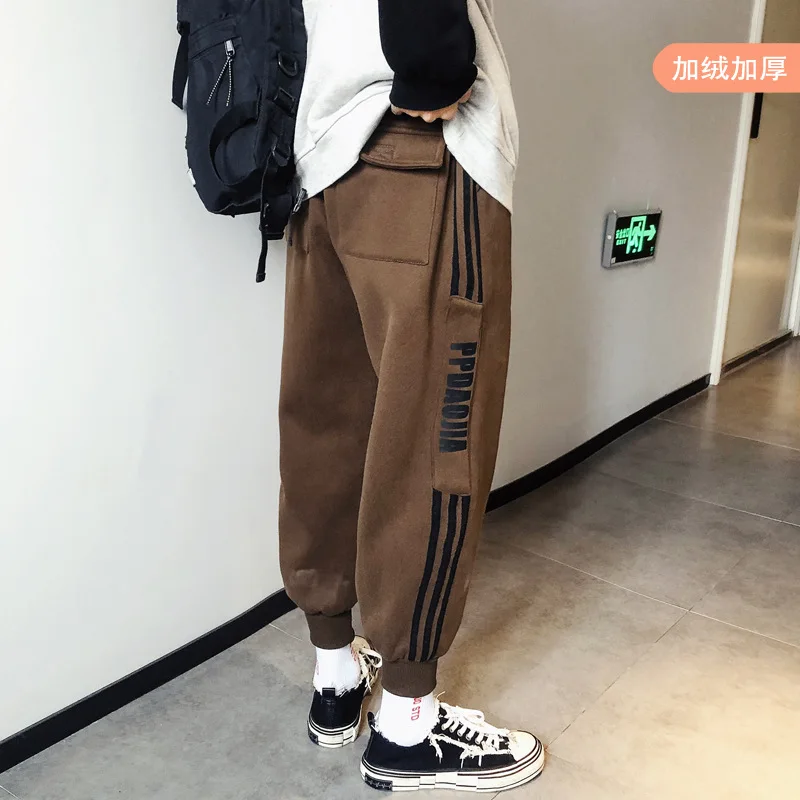 

Large Size 2019 Winter New Hong Kong Style Loose-Fit Beam Leg Stripes Printed Brushed And Thick Casual Sports Sweatpants Men's