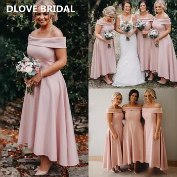 

Simple Elegant A Line Bridesmaid Dresses Off the Shoulder High Low Pale Pink Maid of Honor Dress High Quality Weding Party Gown