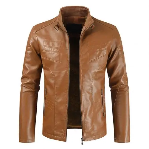women coats and jackets winterFashion Men Faux Leather Solid Color Stand Collar Long Sleeve Zipper Jacket Coat - Цвет: Коричневый