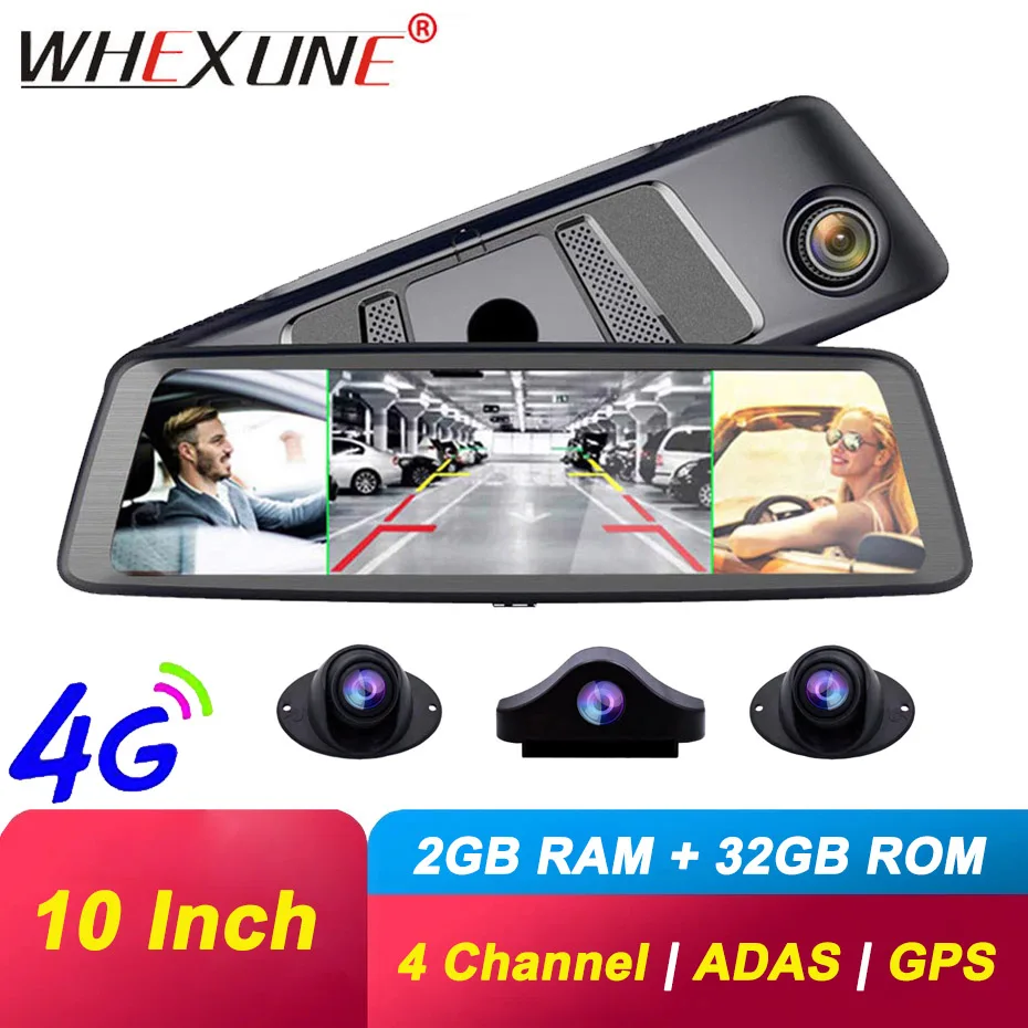 WHEXUNE 10 &quotАвтомобильный видеорегистратор IPS Touch 4 канала 4G ADAS Android Full 1080P видео