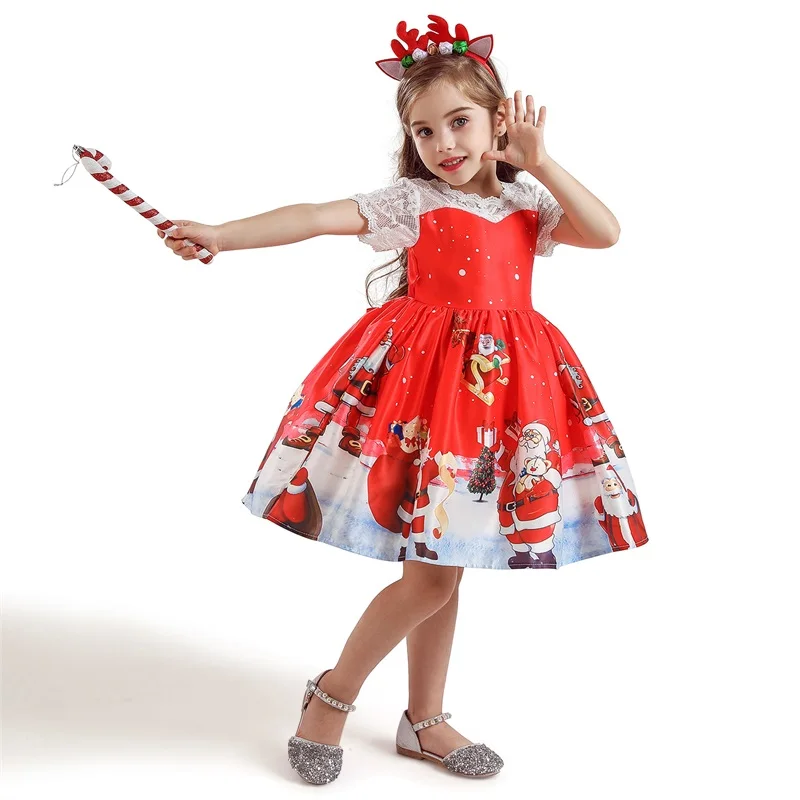 Рождественские платья для маленьких девочек; Рождественская одежда с принтом Санта-Клауса; платье принцессы; новогодние вечерние костюмы для костюмированной вечеринки для детей