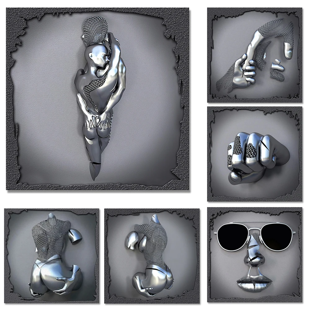 

3D Metal Figure Statue Art Canvas Paintings And Prints Modern Lovers Sculpture Wall Picture Living Room Home Decoration Posters