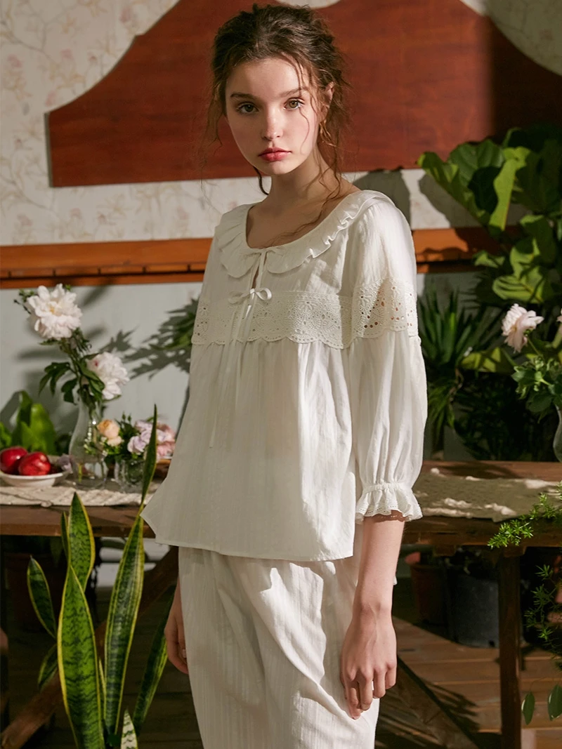 

Free Shipping 2019 New Fall Princess Women's Pajamas Long Pants Two Pieces Set White Sleepwear Blue 100% Cotton pijamas