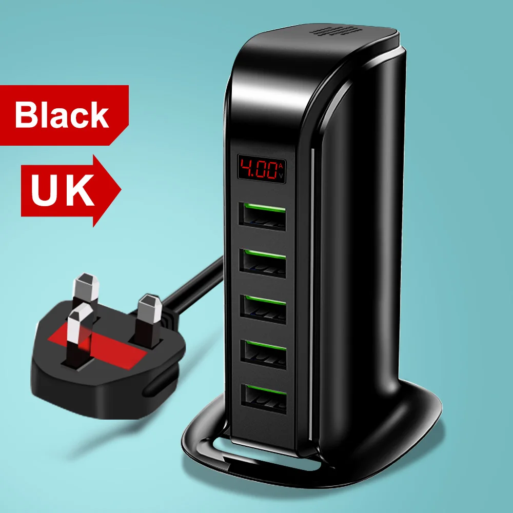 UK Black Udyr 5 портов USB зарядное устройство концентратор светодиодный дисплей мульти док-станция для зарядки с USB универсальный мобильный телефон Настольный настенный домашний зарядное устройство s EU US - Тип штекера: UK Black