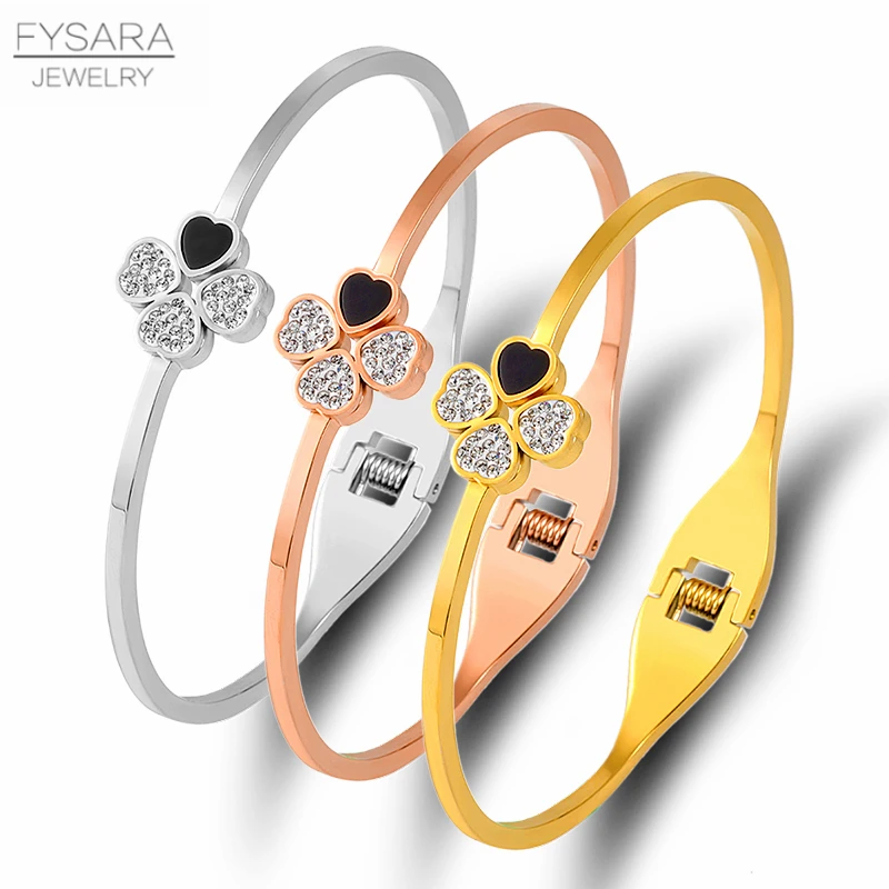 

FYSARA Crystals Clover flower Bangles & Bracelets for Women Female Jewelry Stainless Steel Cuff Bracelets Brand Gift