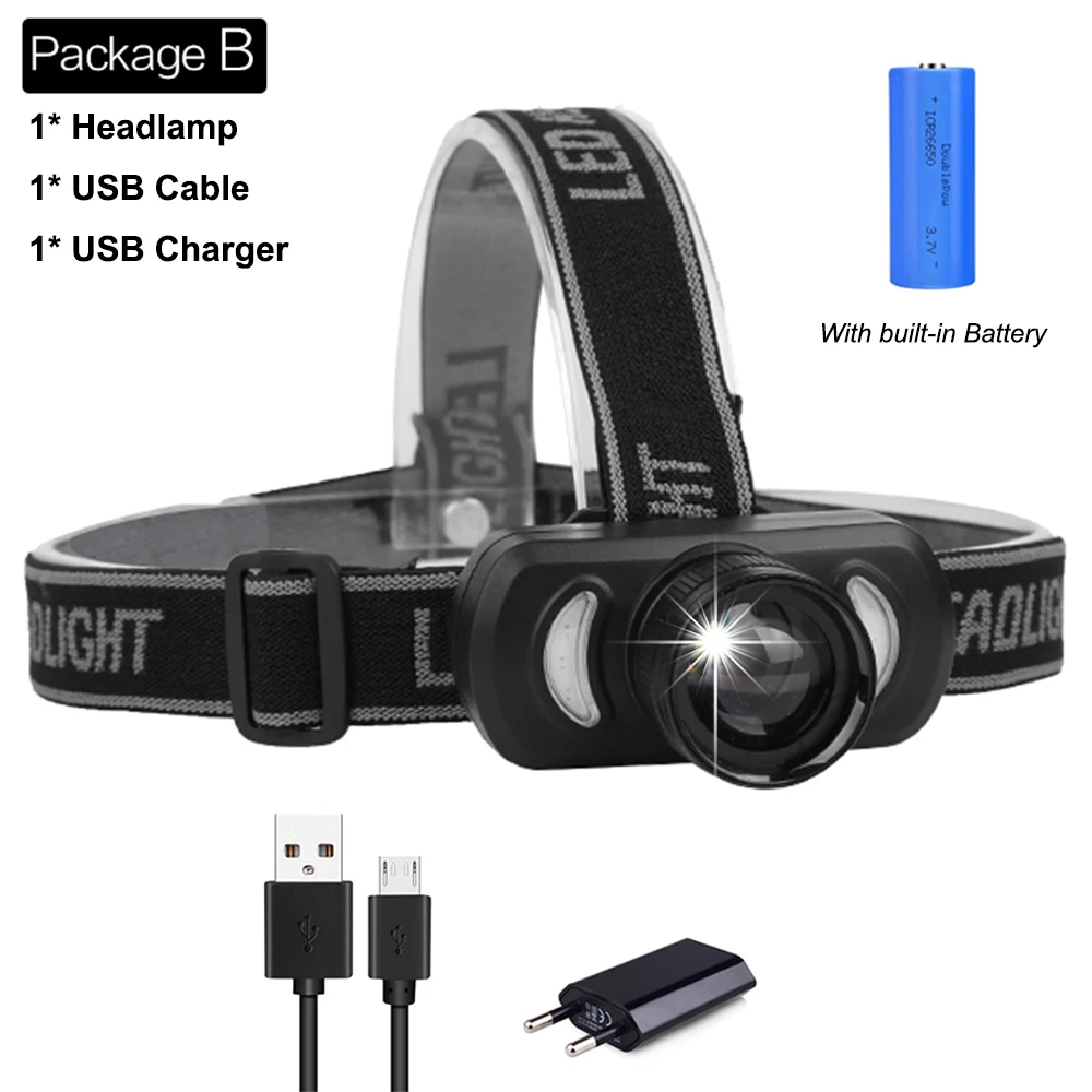 Package B Налобный фонарь USB Перезаряжаемый головной светильник, красный светильник, синий светильник, налобный светильник, мощный налобный фонарь, водонепроницаемый для наружного использования - Emitting Color: Package B