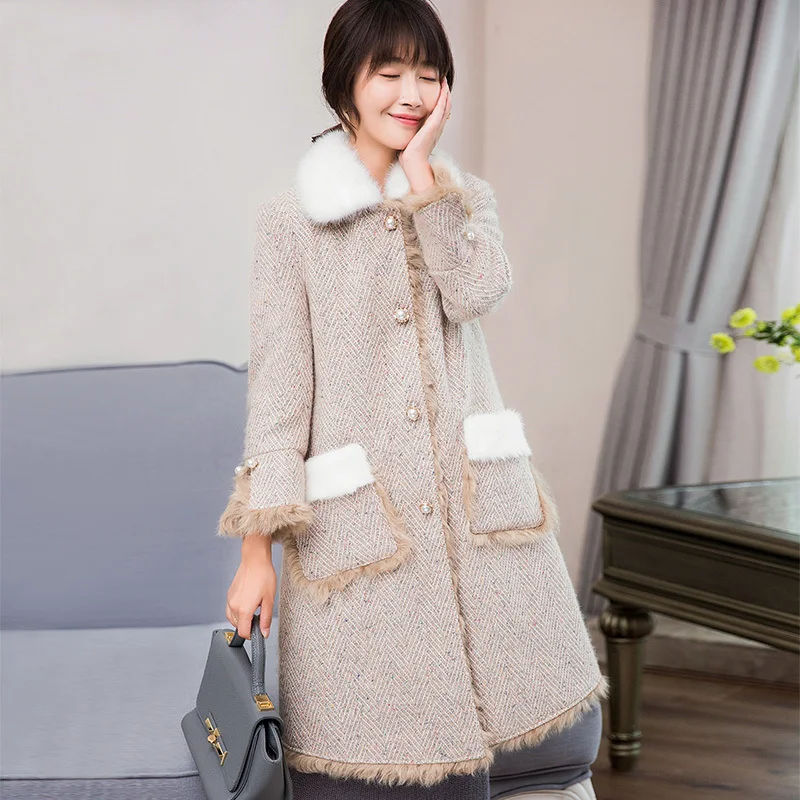 

2020 Luxury Natural Lamb Fur Liner Wool Tweed Coat Warm Winter Jacket Women Long Real Mink Fur Collar Coats 18609 YQ1807