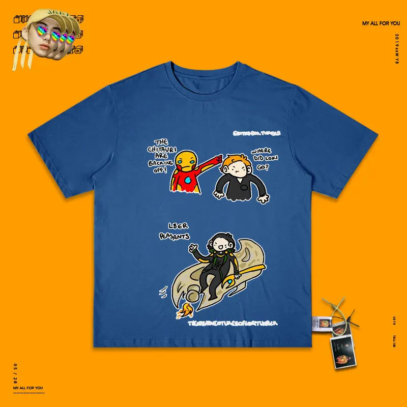 Wang You Disease Studio Hong Kong Flavor Chia Wind Hand Doodle футболка для мужчин и женщин Boyfriend Wind Tee - Цвет: blue