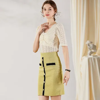 

Two Piece Skirt Set 2020 Women Spring Summer V Neck Short Sleeve Solid Color Top + Fashion Package Hip Mini Skirt 2 piece set