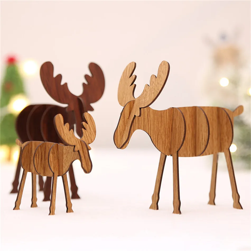 SEAAN Wood Christmas Elk Deer Ornaments Xmas Tree Hanging Desktop Decoration Gift Top Xmas Table Decoration