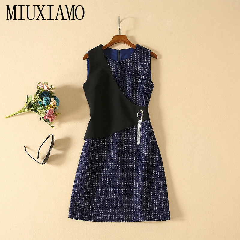 MIUXIMAO, высокое качество,, осеннее платье, новейшее, для офиса, для девушек, модное, без рукавов, твидовое, складное, Повседневное платье, для женщин, Vestidos