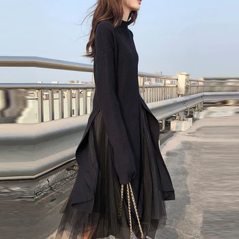 

Spring Sweater Dress Women Black Mesh Patchwork Office Ladies Elegant Fashion Korean style Plain A line Pullover Split Dress