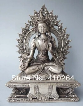 

free shipping 7" Old Tibet Buddhist Silver White Tara Buddha Statue