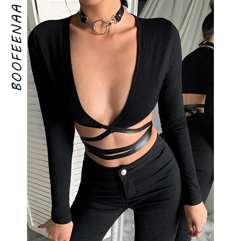 BOOFEENAA черная Сексуальная футболка Харадзюку Кружевная повязка глубокий