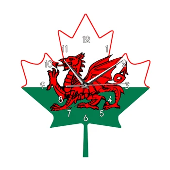 

Flag of Wales Maple Leaf Shape Wall Clock Welsh Red Dragon On White Green Maple Leaf GB United Kingdom Great Britain Clock Watch