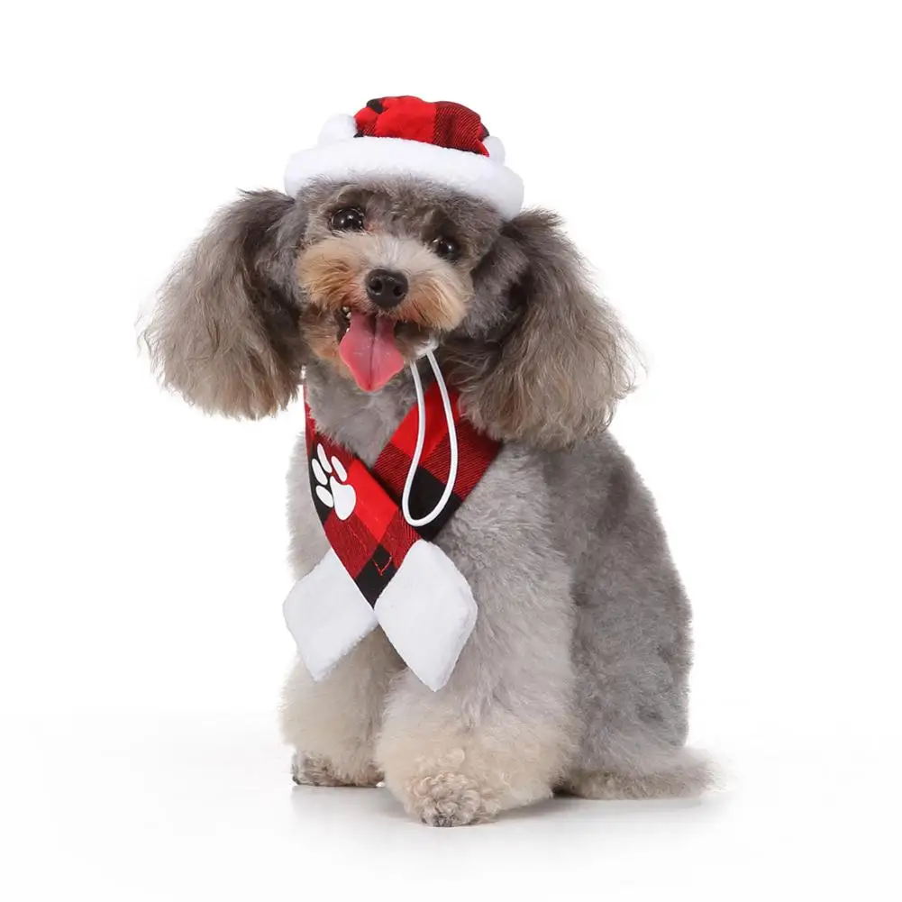 Cat Christmas Hat Dog Plaid Scarf Christmas Cap Set for Christmas Decoration and Photography