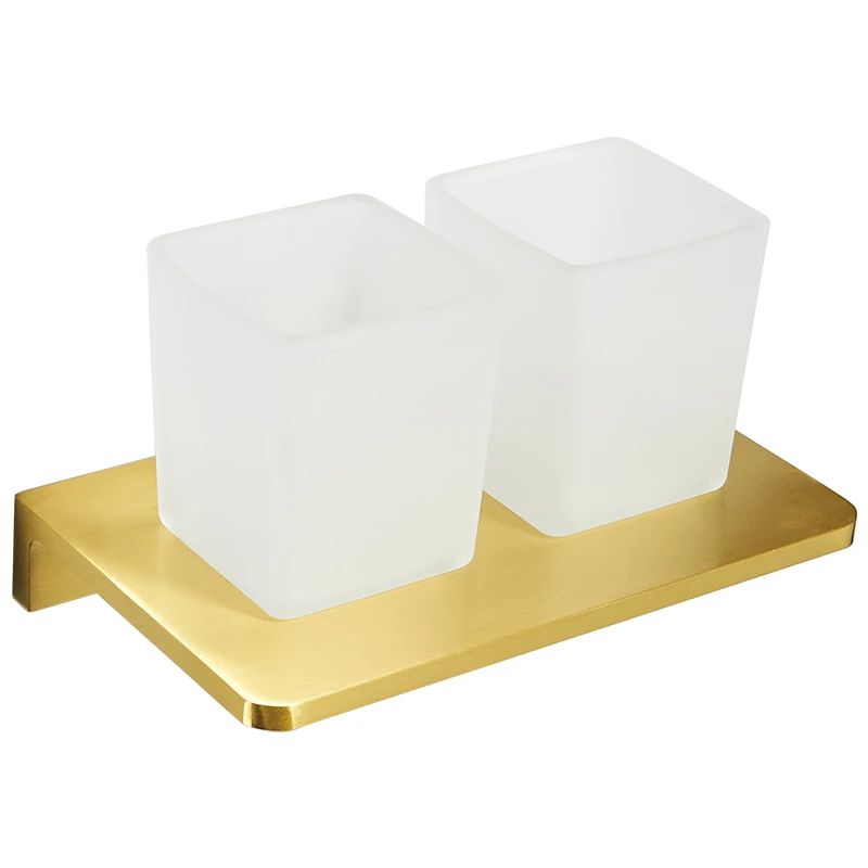 Wall Mounted Toothbrush Holder Set Double Glass Tumbler Brushed Gold Aluminum Bathroom Toothpaste Holder Bathroom Accessories