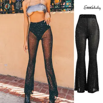 

Women Summer Beach Mesh Sheer See Through Pants Vogue High Waist Transparent Wide Leg Pants Ladies Flared Trousers Cover Up S-XL