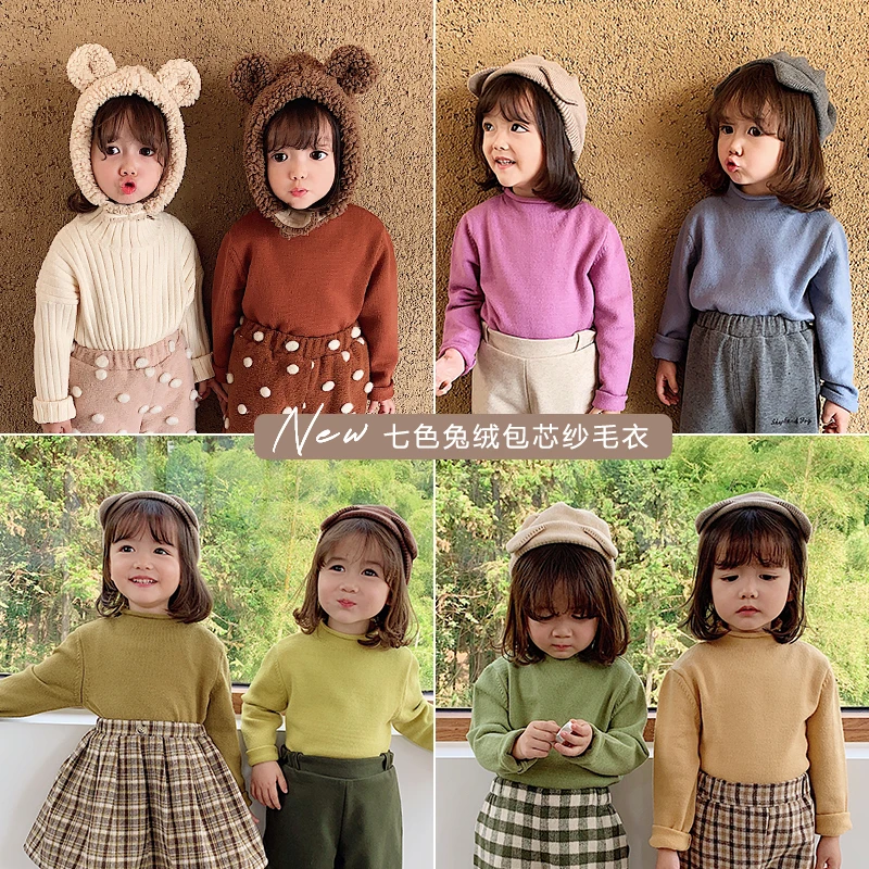 baby girl autumn winter new velvet thick warm sweater children solid color long sleeve tops kids clothing