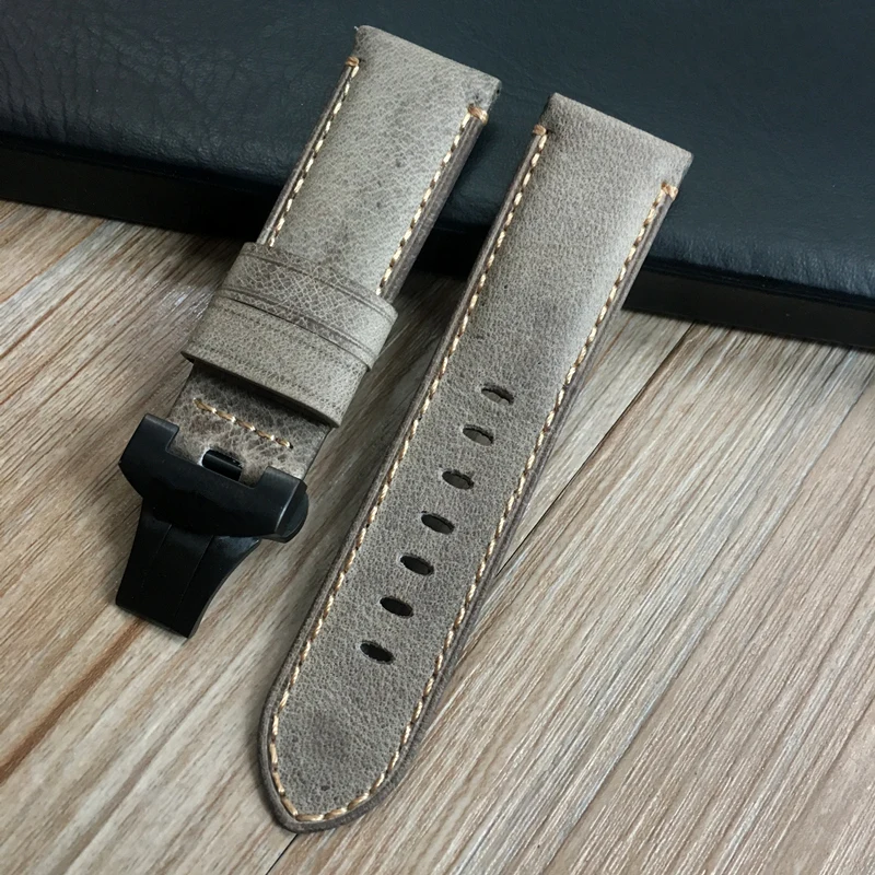 With black buckle AAA Качество 24 мм коричневый серый Винтаж Ретро Италия натуральная кожа ремешок для Panerai часы PAM ремень с Бабочкой Пряжка ремень - Цвет ремешка: With black buckle