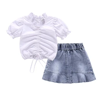 

Summer Kids Clothes Sets Girls Fashion Cotton Sets Drawstring Short Sleeve Top + Denim Skirt Two-piece Set Children's Sets