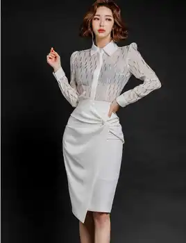 

2020 Spring new women's perspective shirt + high waist skirt suit sets