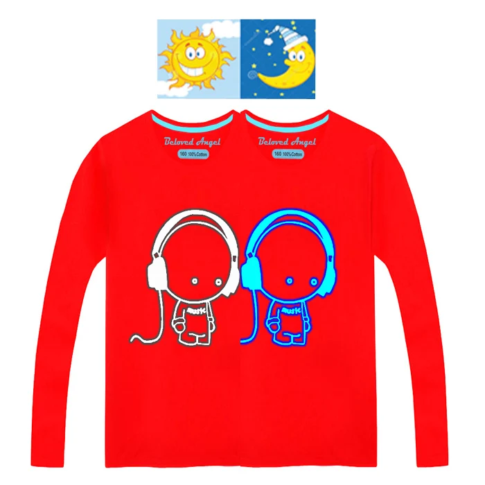 Детские весенне-осенние Топы с длинными рукавами; хлопковые футболки для больших мальчиков и девочек; одежда для детей; Светящиеся в темноте футболки черного, синего и красного цвета - Цвет: Music