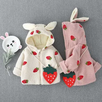 

Baby Girls Casual Thick Woolen Coat Hooded Shirt double-breasted Strawberry Embroidery Outerwear Baby Kids Warm Jackets