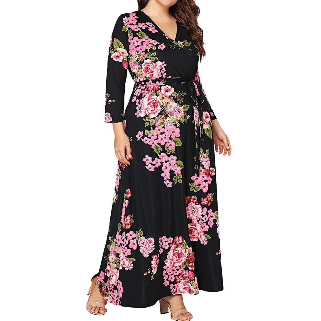 Платье vestidos XL-5XL зима vestido женское платье ropa mujer shein robe femme плюс размер Цветочное платье с v-образным вырезом и длинными рукавами Z4