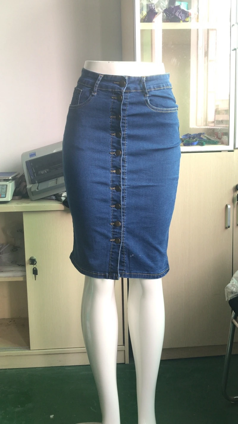 Женская синяя однотонная Повседневная джинсовая юбка-карандаш с высокой талией, юбка миди с карманами на пуговицах, универсальная Джинсовая Юбка До Колена