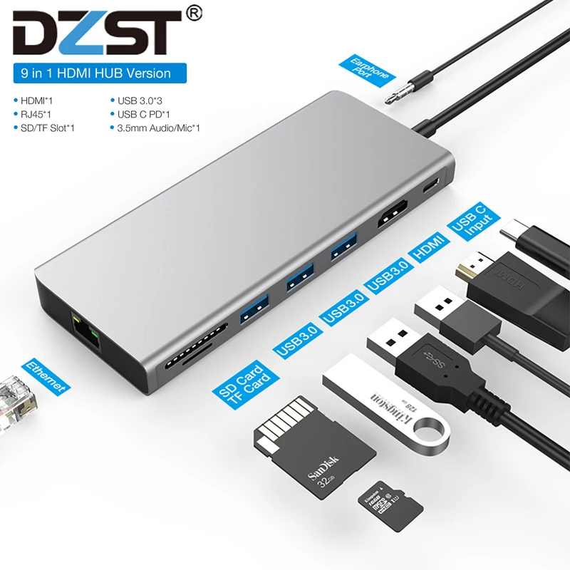 

DZLST USB HUB Type C 3.1 to Multi USB 3.0 RJ45 Audio HDMI Adapter Dock for MacBook Pro USB-C Type C Splitter 3 Port USB C HUB