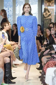 

Women Polka Dot Sky Blue Dress With Diamond Belt Pleated Long Dresses Fashion New Brief